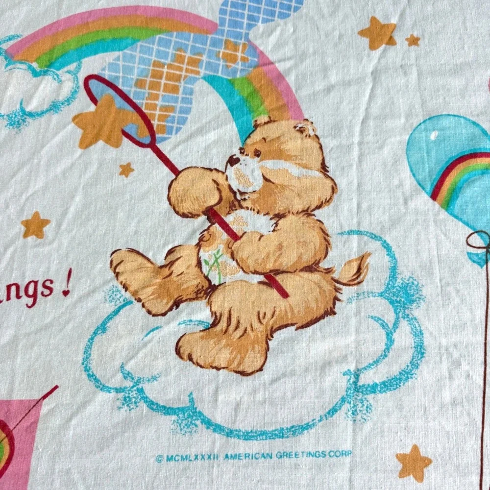 Care Bears Twin Flat Sheet Kids White Clouds Rainbow Hearts Balloons 80s